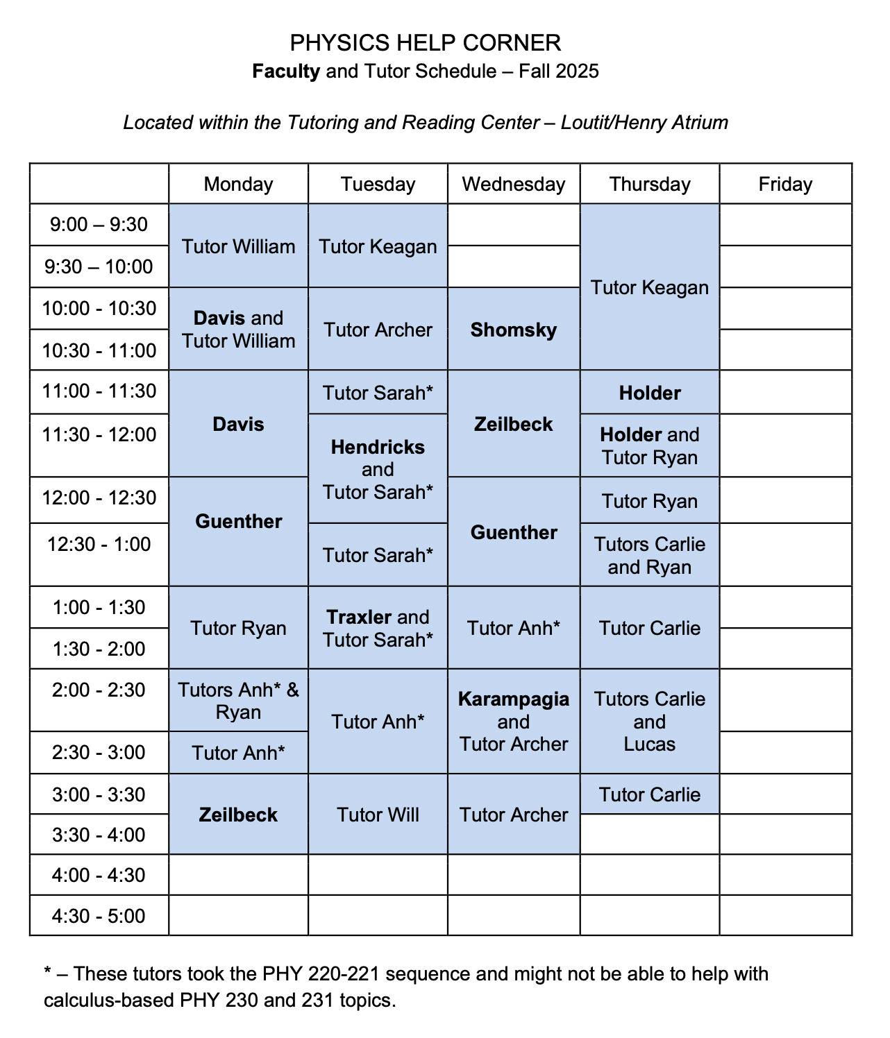F2025 Schedule for the Physics Help Corner